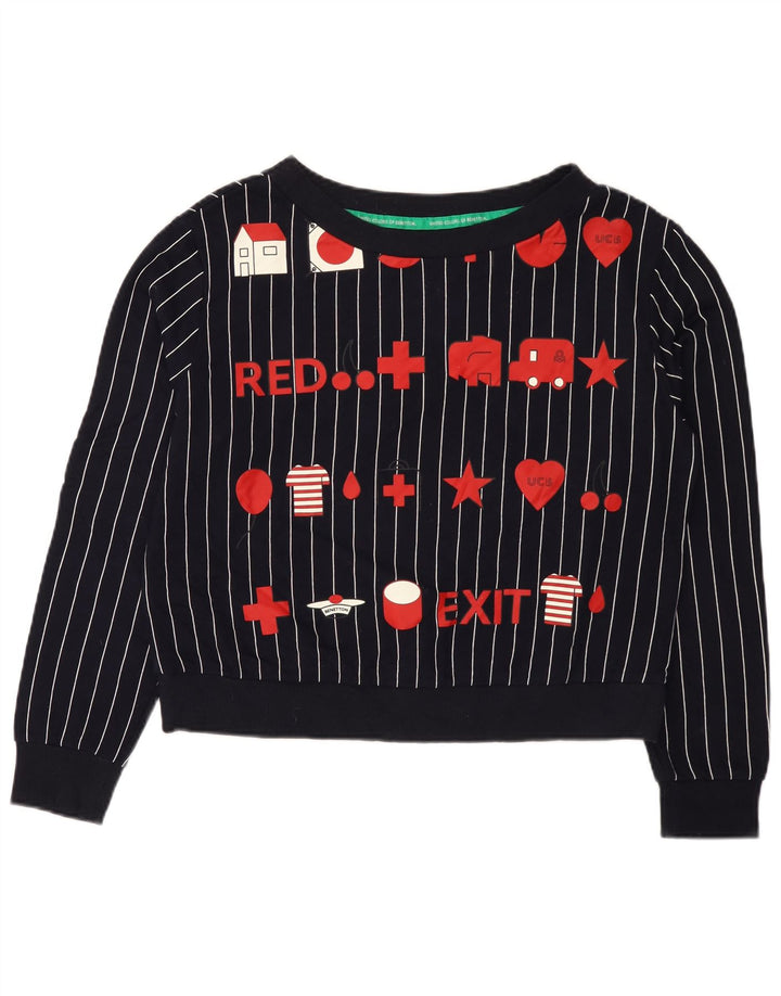 Benetton moletom gráfico feminino jumper UK 14 médio azul marinho listrado
