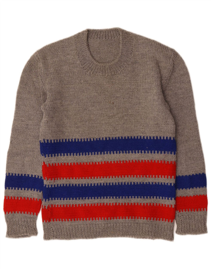 Suéter feminino vintage com gola redonda UK 14 listrado cinza médio