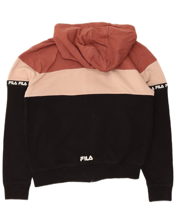 Suéter feminino Fila com capuz e zíper UK 10 pequeno bloco colorido multicolorido