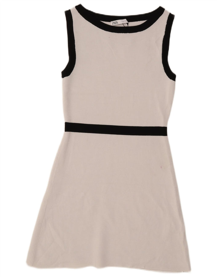Vestido feminino Zara sem mangas evasê UK 14 médio branco viscose