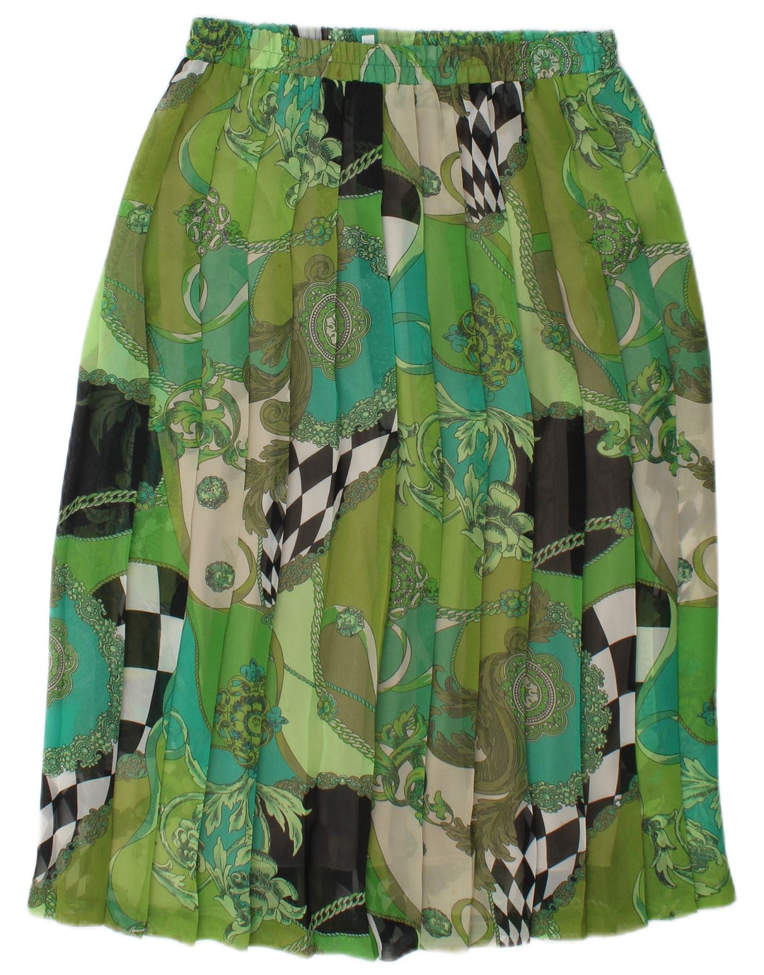 Saia plissada feminina vintage cintura alta W30 patchwork verde médio
