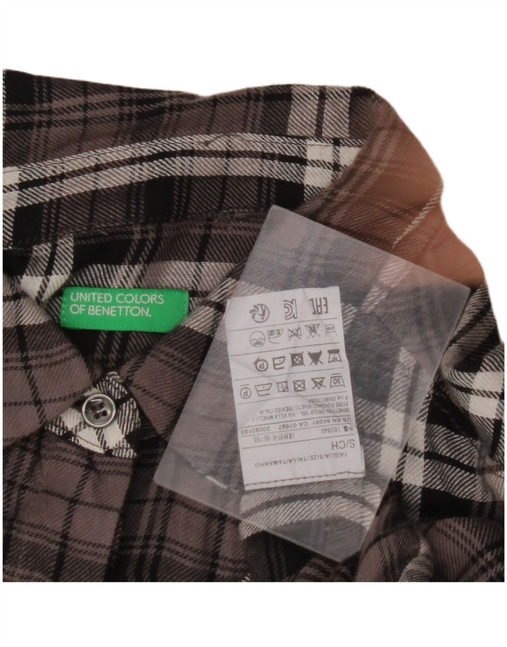 Camisa feminina de flanela grande da BENETTON Reino Unido 10 pequena viscose marrom xadrez