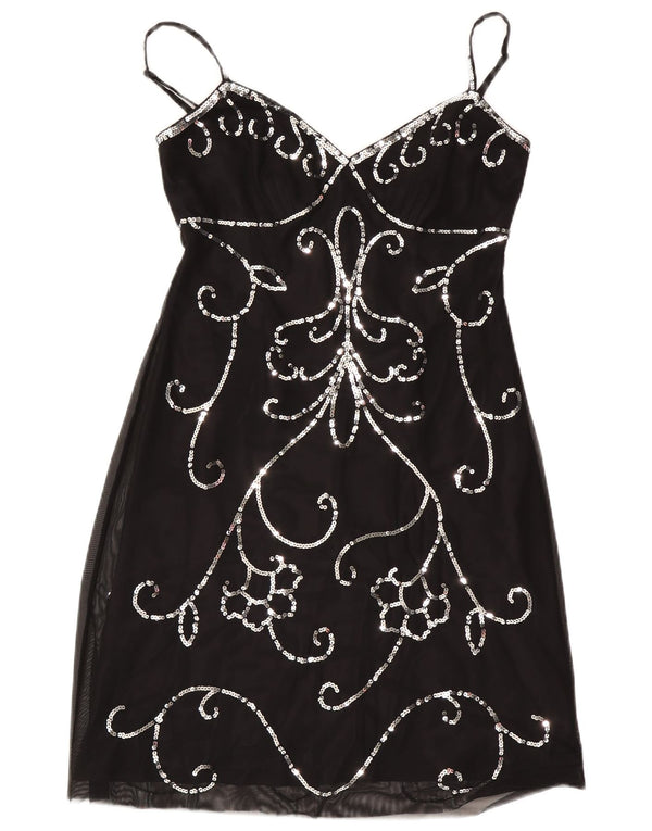 Debut vestido feminino de noite sem mangas com bainha UK 14 médio preto paisley