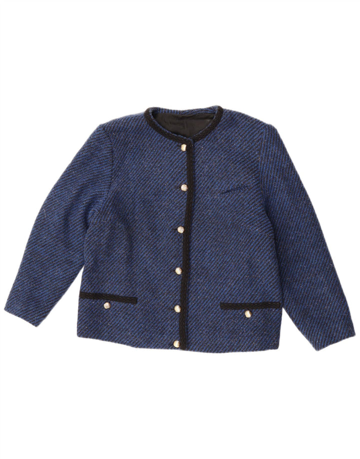 Jaqueta blazer feminina VINTAGE de 6 botões Reino Unido 14 risca de giz azul médio