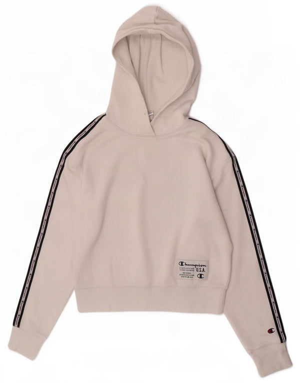 Jumper feminino com capuz gráfico Champion UK 14 bloco colorido branco médio