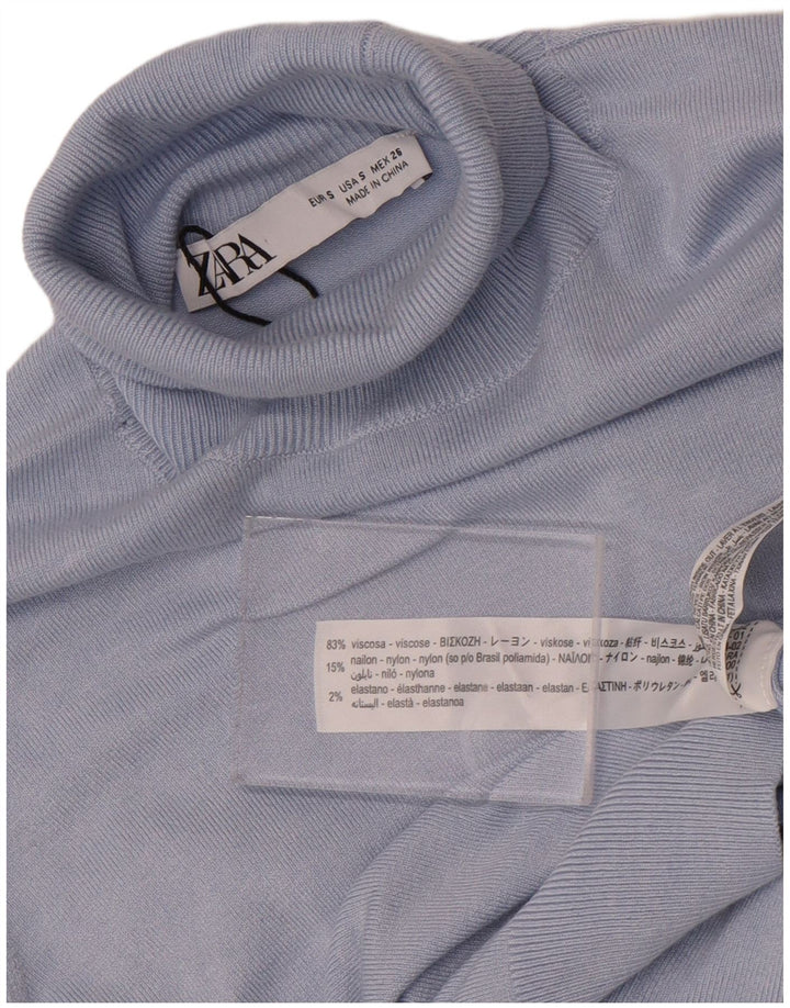 Suéter feminino Zara com gola redonda e viscose azul pequena Reino Unido 10