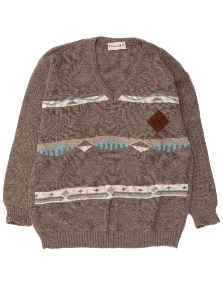 Suéter masculino vintage com decote em V cinza médio Argyle/lã diamante