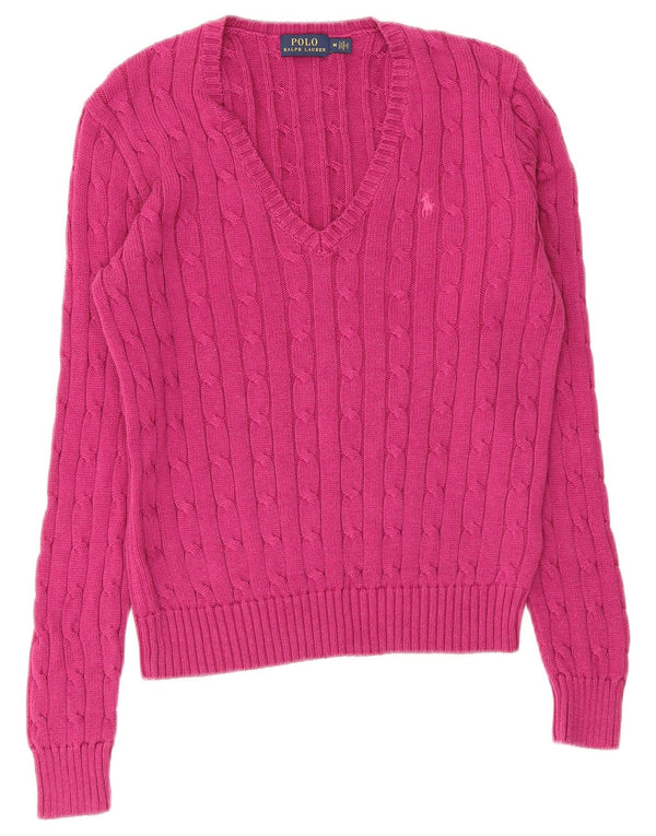 Suéter feminino Polo Ralph Lauren com decote em V Reino Unido 12 algodão rosa médio
