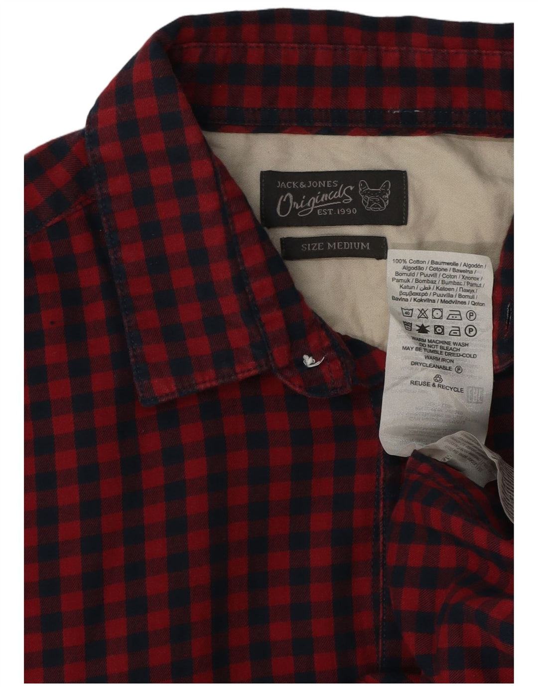 Camisa masculina de manga curta Jack & Jones, algodão guingão vermelho médio