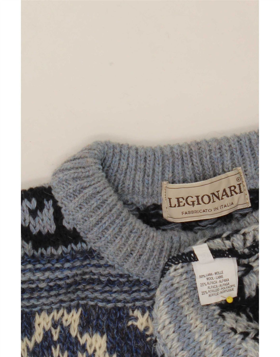 Suéter masculino vintage com gola redonda IT 48 lã Fair Isle azul médio