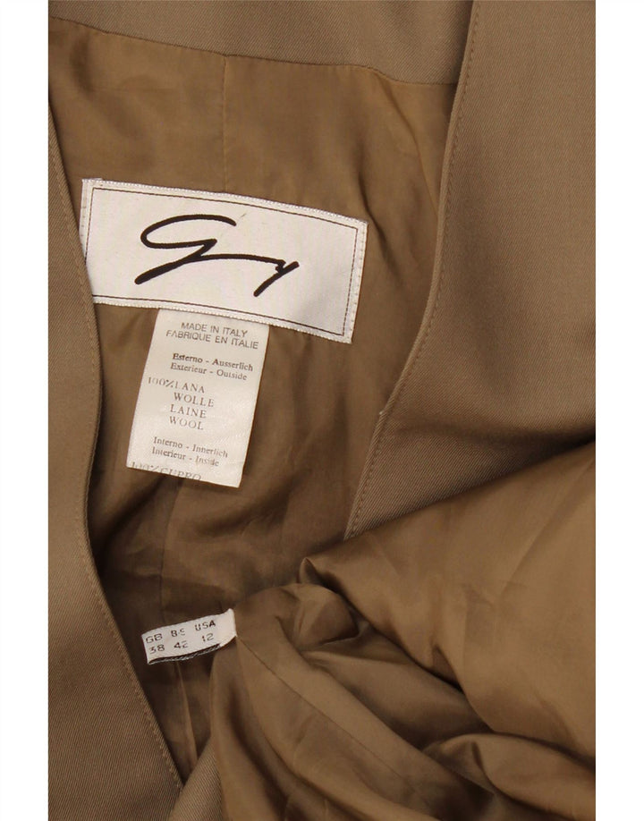 Jaqueta blazer feminina Genny Longline com 3 botões EUA 12 grande lã cáqui