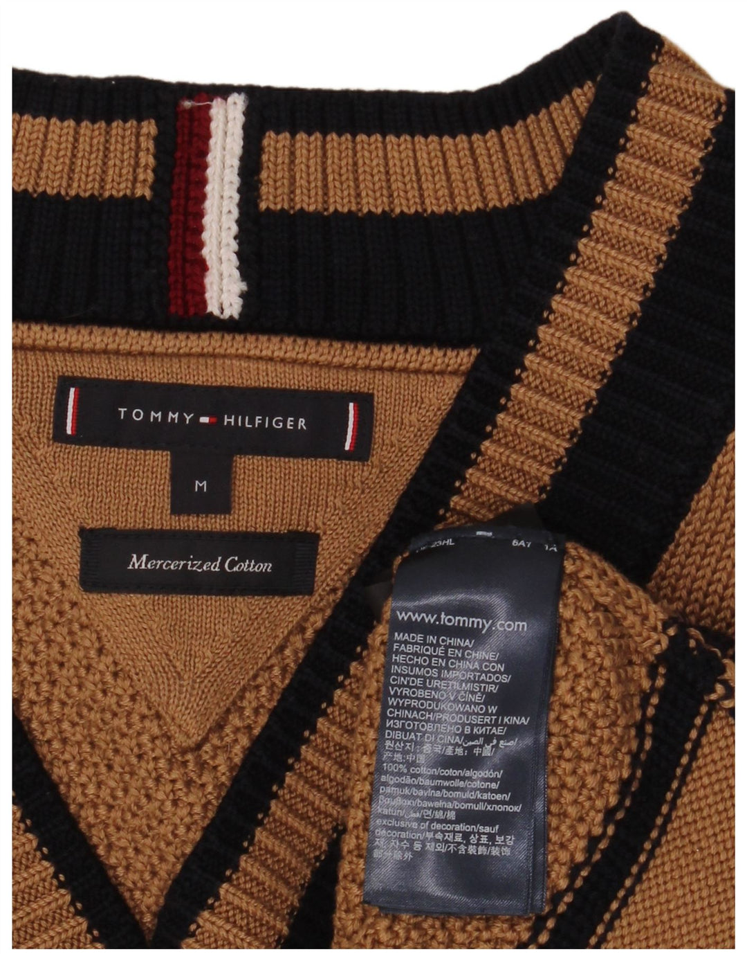 Suéter masculino Tommy Hilfiger com decote em V em bloco colorido marrom médio