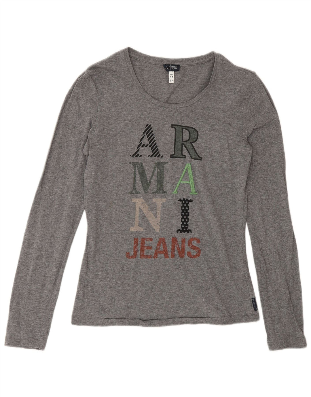 Top gráfico feminino Armani Jeans manga comprida Reino Unido 12 algodão cinza médio