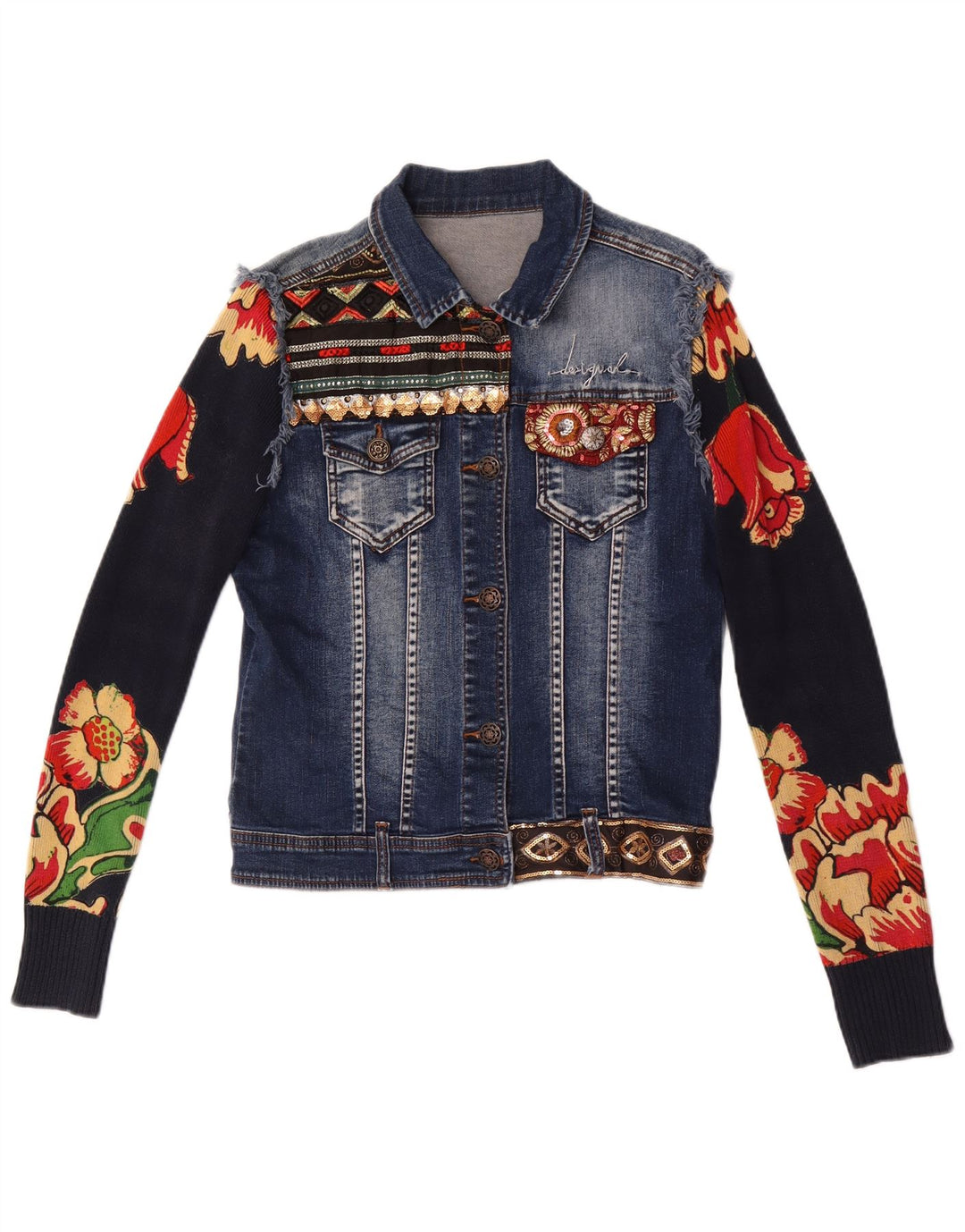 Jaqueta jeans gráfica feminina Desigual UE 38 médio azul marinho algodão floral