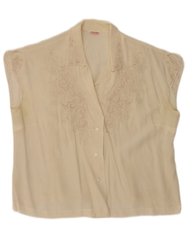 Blusa feminina vintage sem mangas UE 40 médio off white floral seda