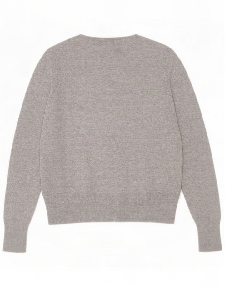 Suéter cardigã feminino com babados da Marks & Spencer UK 14 cinza médio manchado