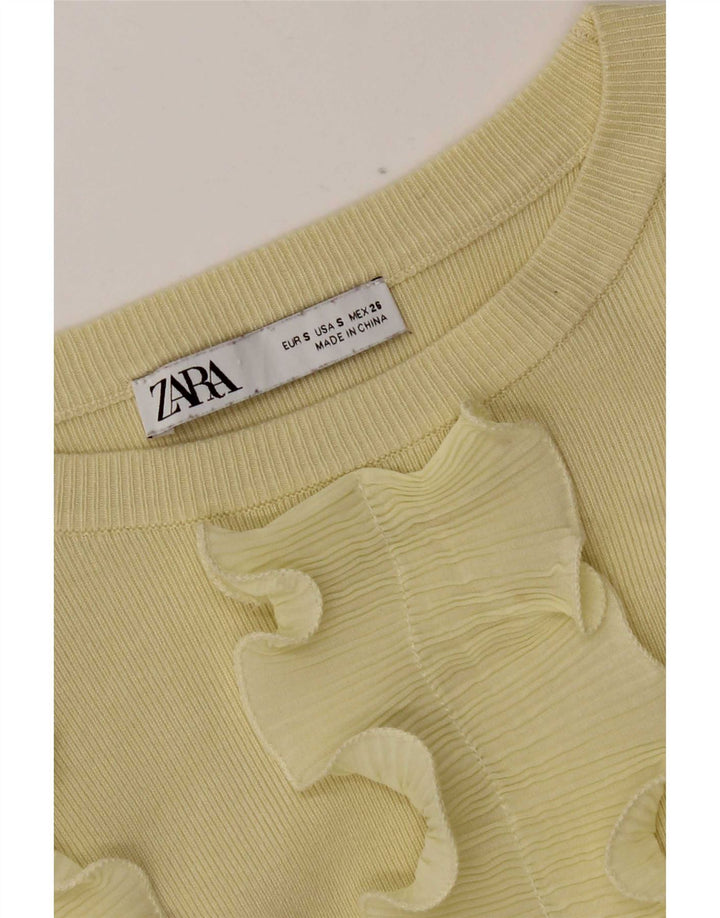Blusa feminina Zara com manga comprida e babados frontal Reino Unido 8 pequeno amarelo