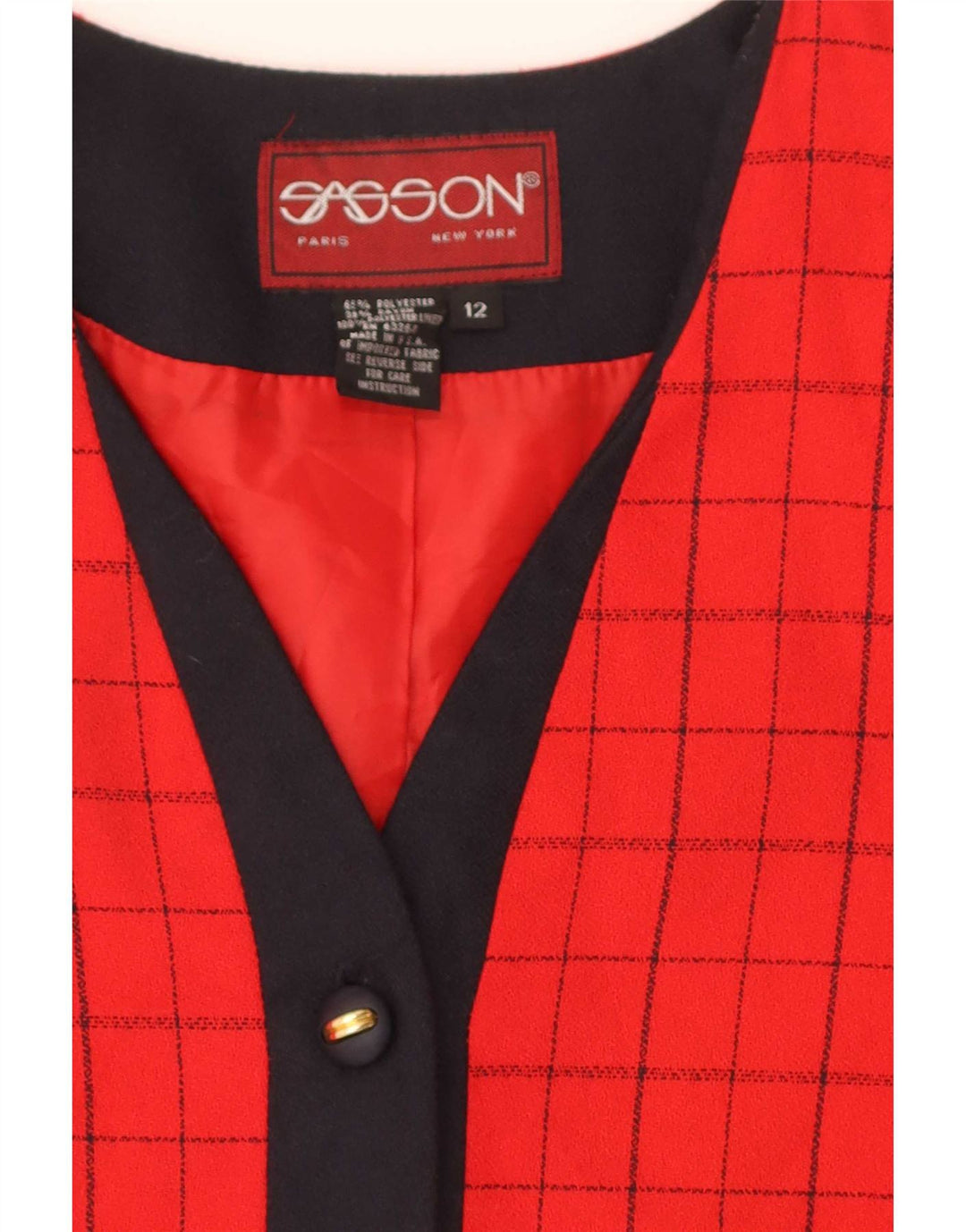 Jaqueta Blazer Feminina Vintage com 4 Botões EUA 12 Grande Poliéster Xadrez Vermelho