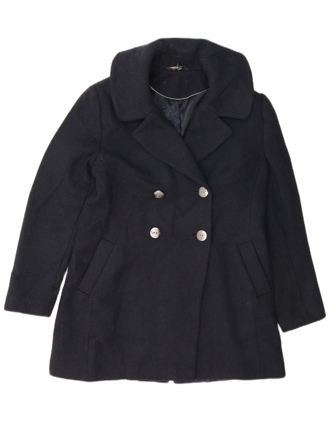Casaco feminino Marks & Spencer com peito duplo ervilha Reino Unido 12 lã azul marinho médio