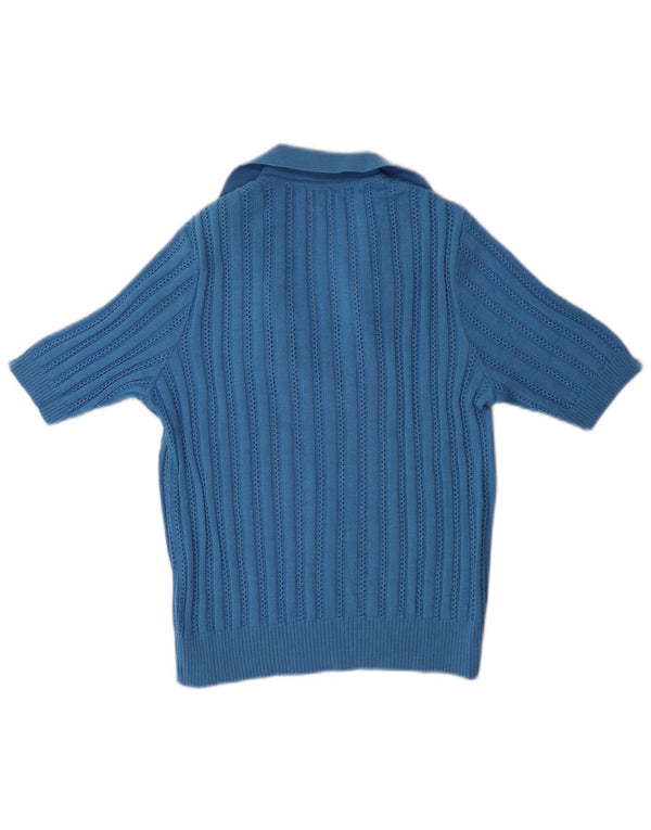 Suéter feminino vintage de manga curta com gola polo IT 40 lã azul pequena