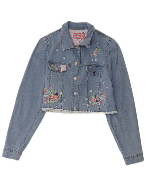 Jaqueta jeans vintage feminina cortada gráfica 13-14 anos algodão floral azul