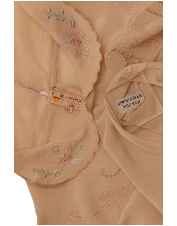 Blusa feminina VINTAGE de manga comprida UE 36 pequena seda floral bege