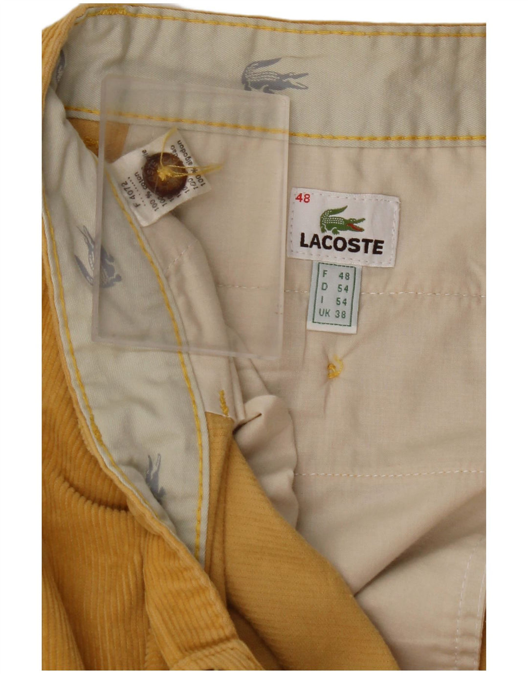 Calça masculina reta de veludo LACOSTE tamanho 48 XL W38 L31 algodão amarelo