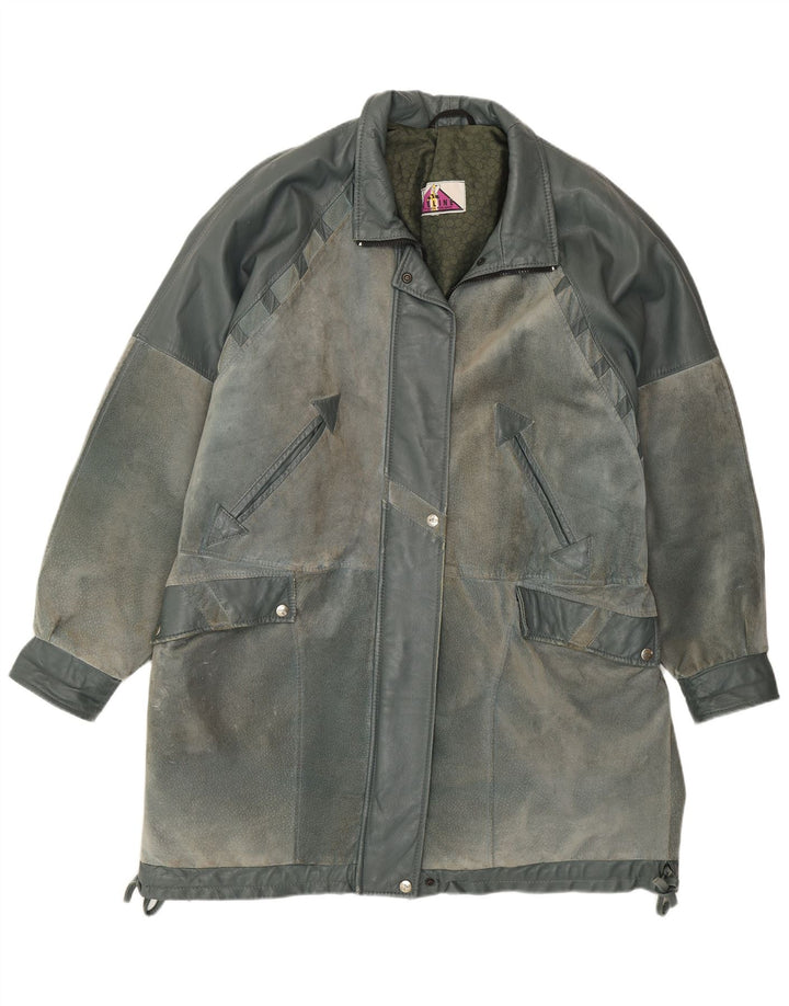 Casaco de couro feminino vintage UK 22 2XL azul