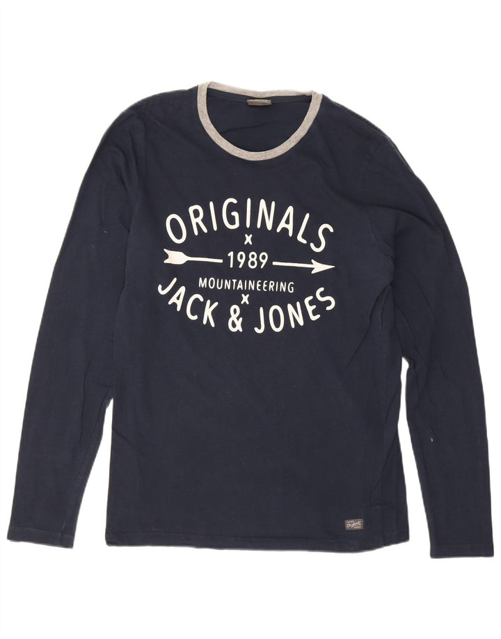 Jack & Jones Camiseta masculina gráfica de manga comprida médio algodão azul marinho