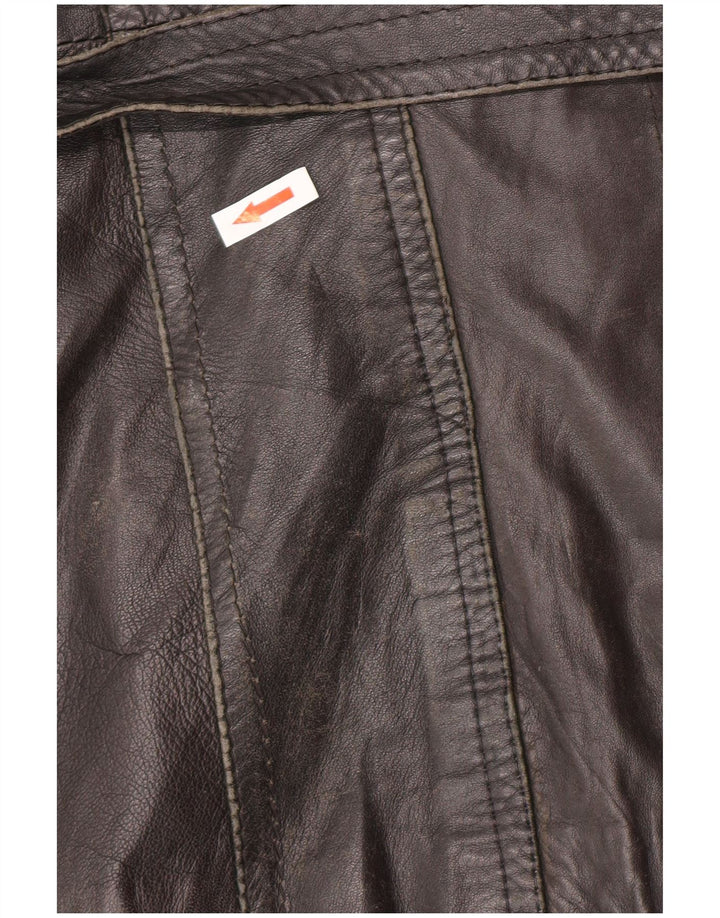 Jaqueta de couro vintage masculina com peito duplo UK 34 XS preta retrô