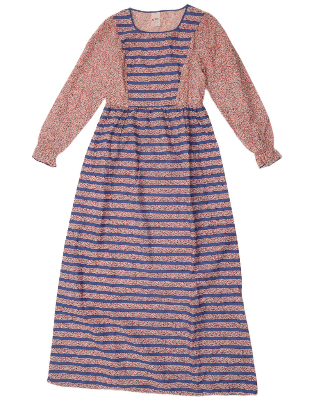 Vestido maxi feminino vintage de manga comprida UK 14 poliéster listrado azul médio