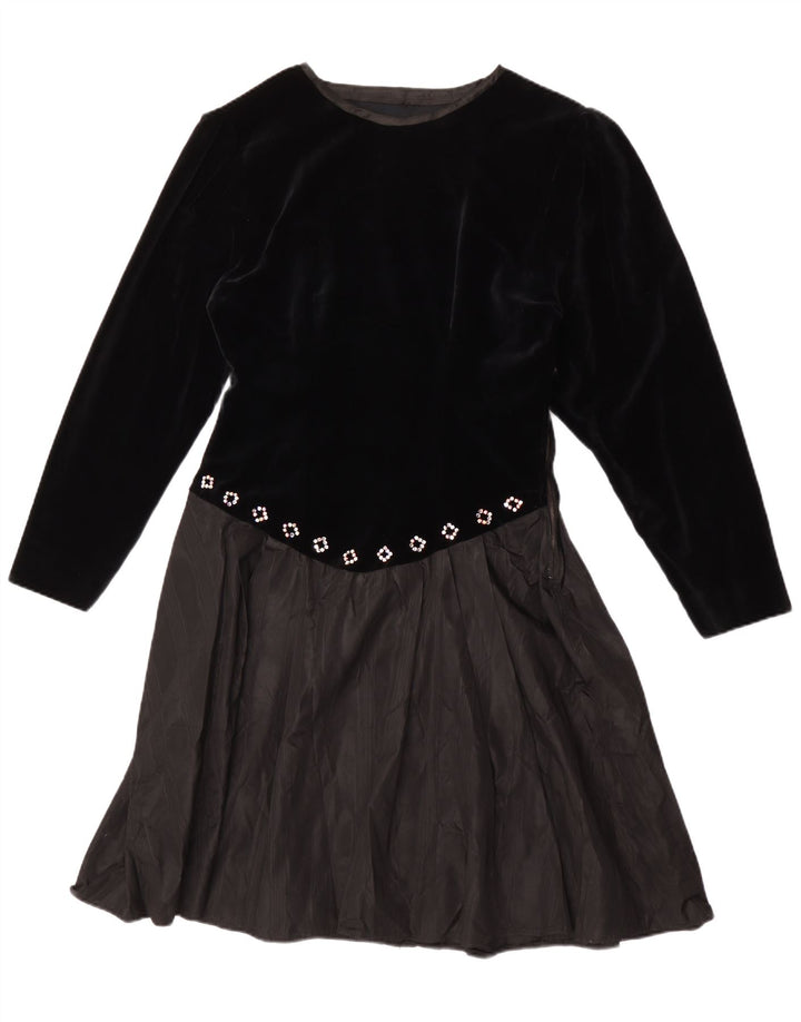 Vestido vintage feminino manga comprida linha A UK 14 médio preto