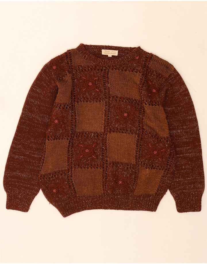 Suéter feminino vintage com gola redonda UK 14 patchwork marrom médio