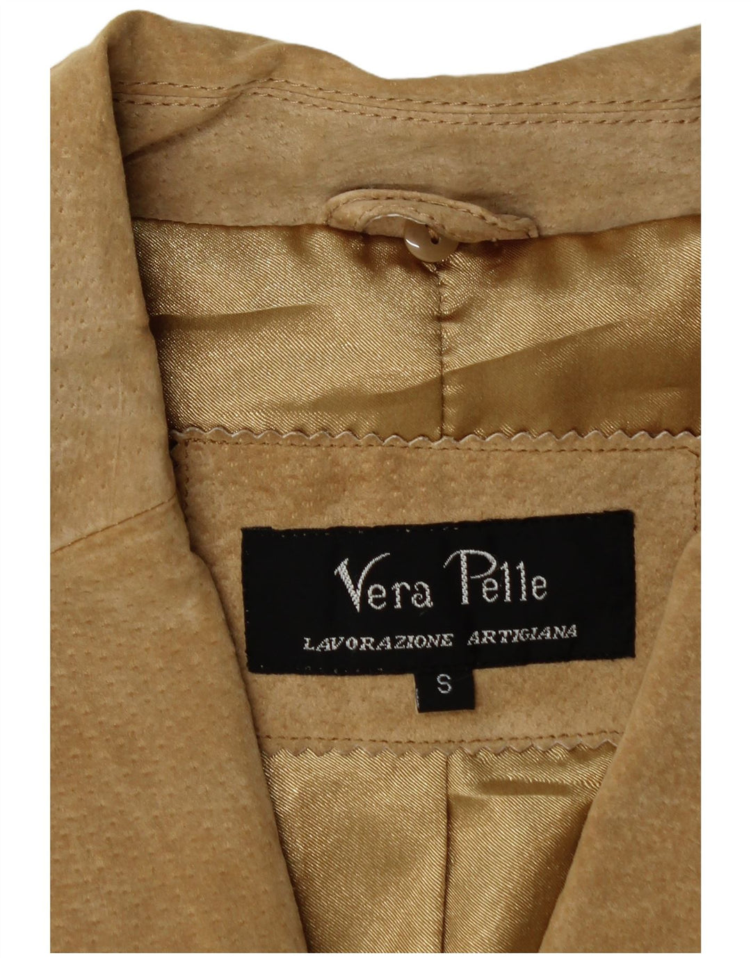 Jaqueta blazer feminina vintage de camurça com 2 botões Reino Unido 10 couro bege pequeno