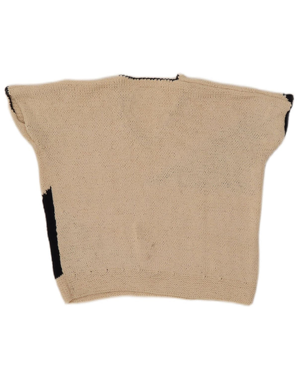 Suéter feminino vintage com decote em V UK 12 bloco colorido bege médio