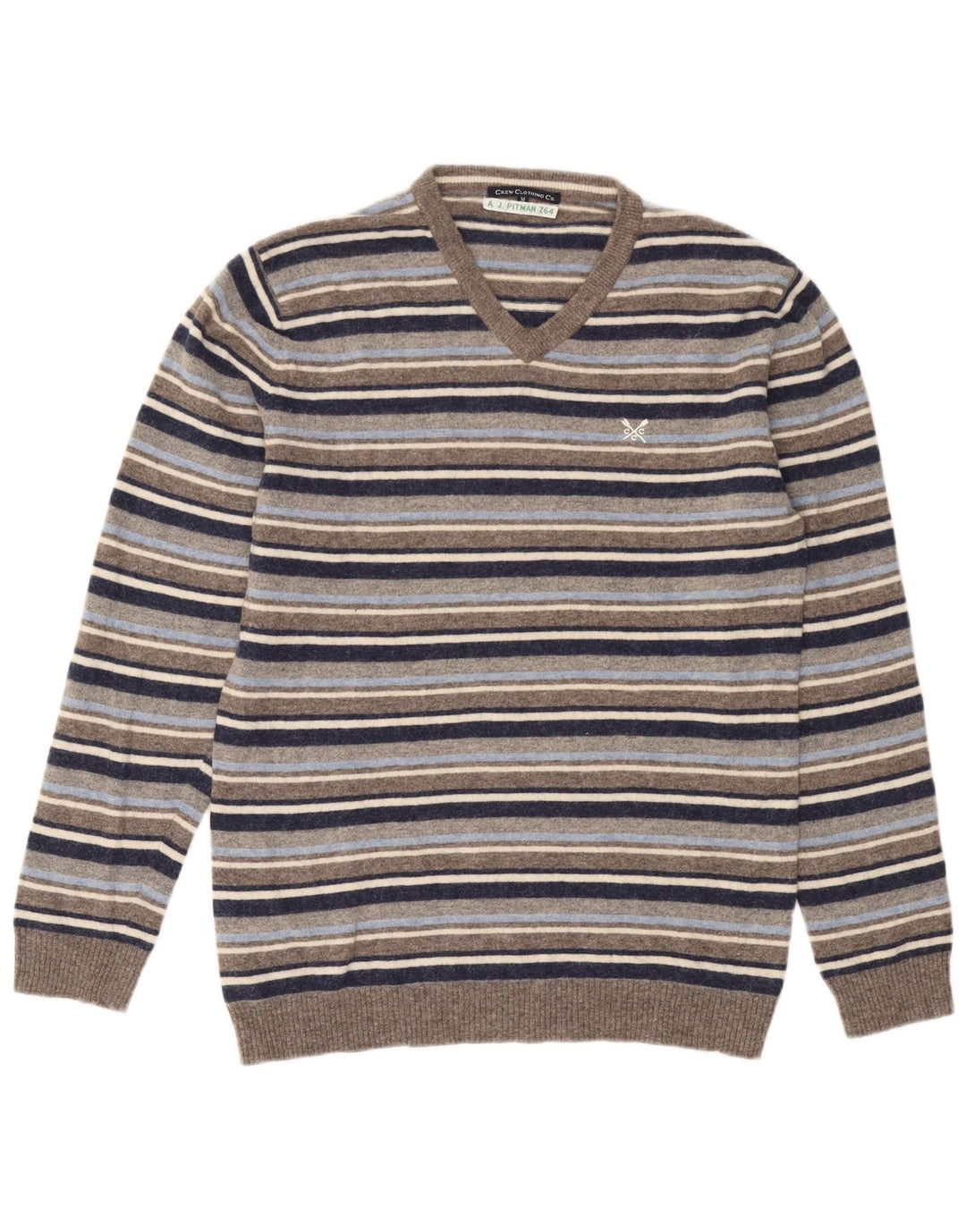 Crew Clothing Suéter masculino com decote em V de lã listrada cinza médio