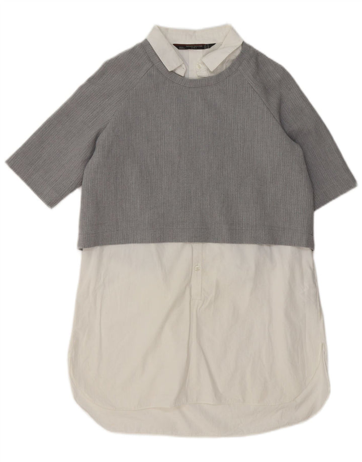 Vestido feminino Zara Shift UK 14 algodão colorblock cinza médio