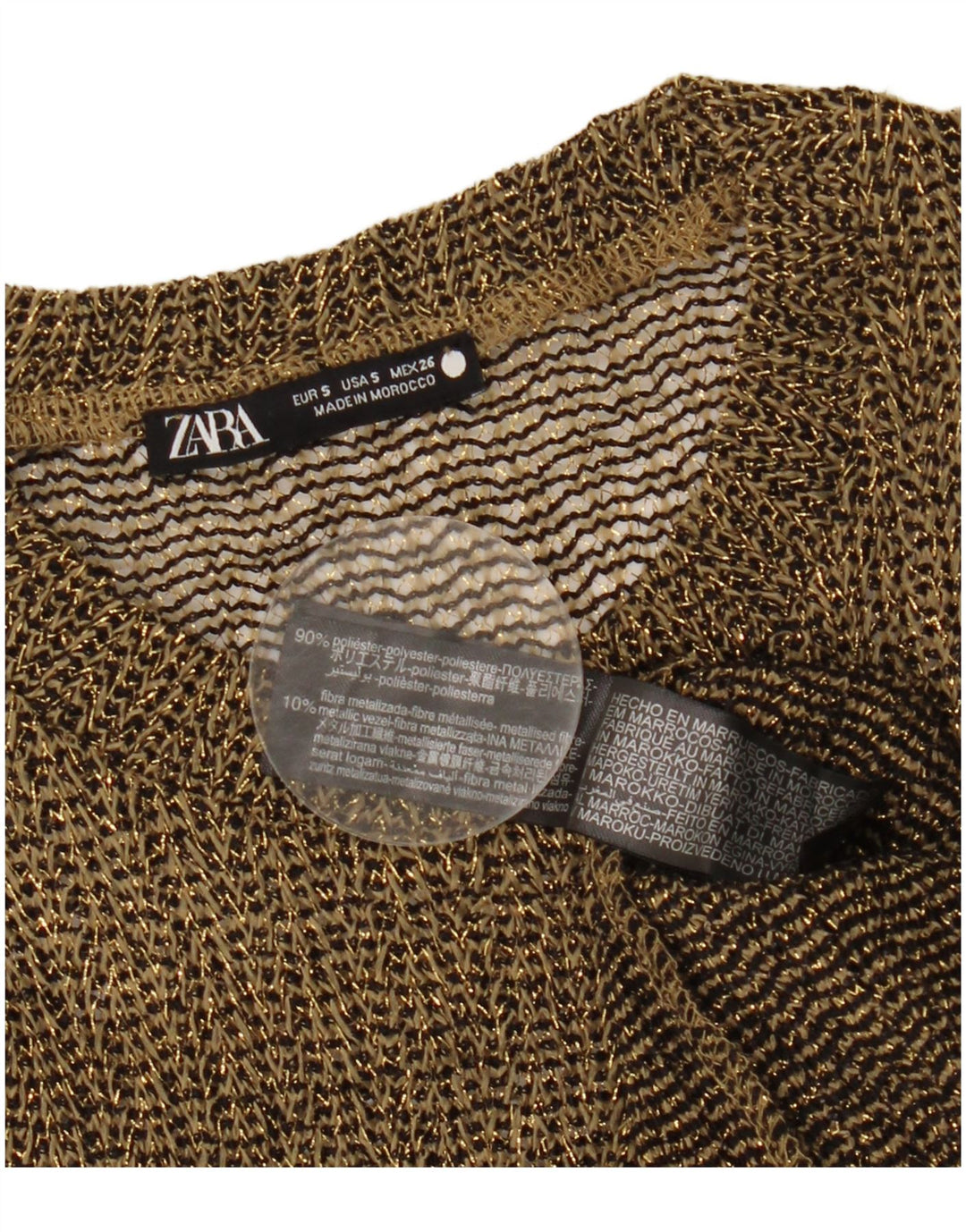 Zara Top feminino transparente manga comprida UK 10 pequeno poliéster manchado dourado
