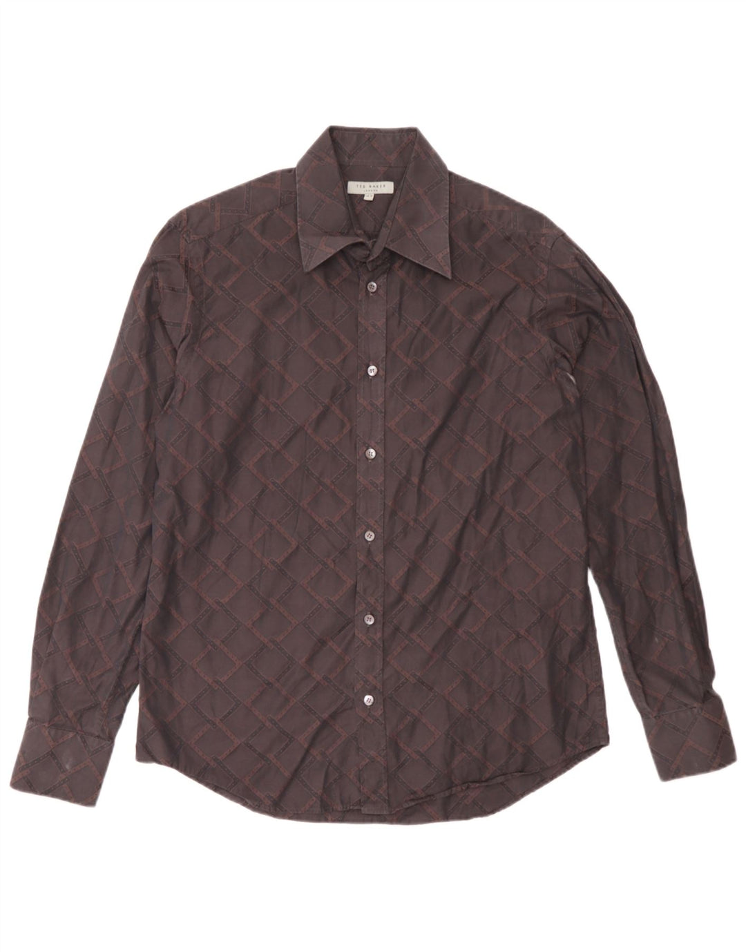 Camisa masculina Ted Baker tamanho 15 1/2 algodão geométrico marrom médio