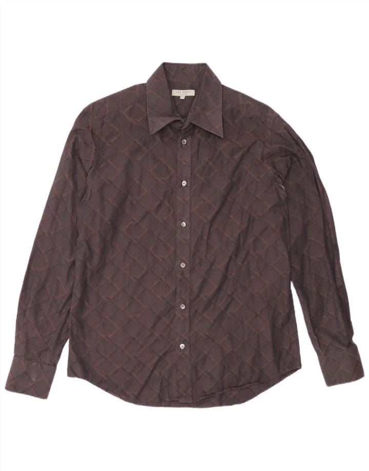 Camisa masculina Ted Baker tamanho 15 1/2 algodão geométrico marrom médio