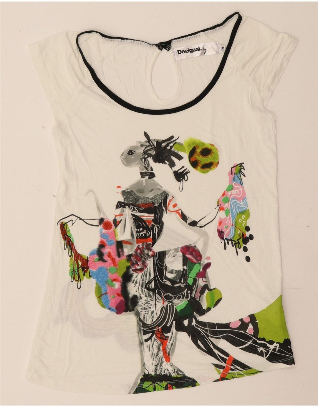 Desigual Camiseta feminina gráfica Top UK 18 XL Off White Viscose