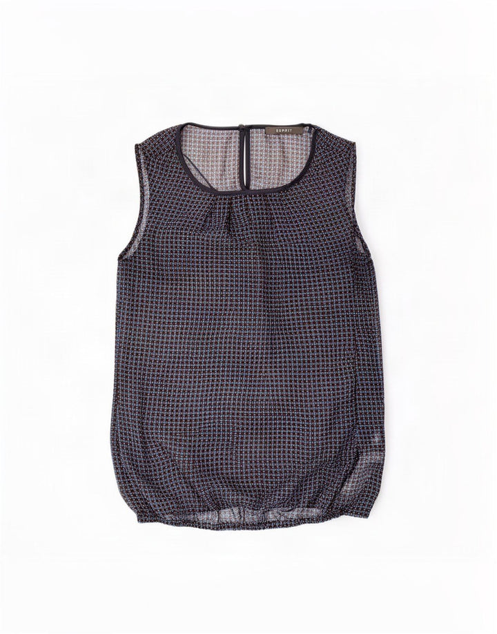 Blusa feminina sem mangas Esprit UK 12 poliéster xadrez azul marinho médio