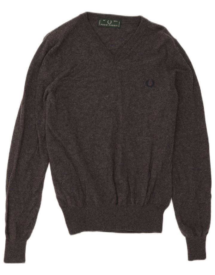 Suéter masculino Fred Perry com decote em V de lã cinza médio