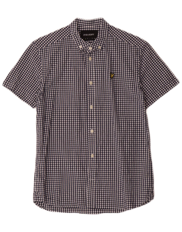 Camisa masculina de manga curta Lyle & Scott pequena azul guingão clássico de algodão