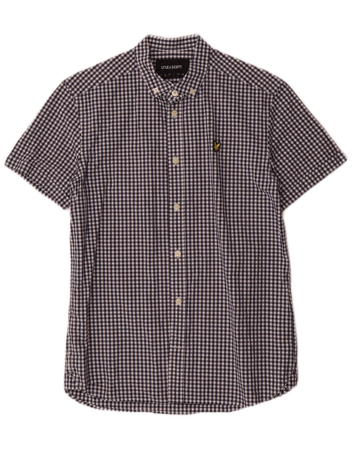 Camisa masculina de manga curta Lyle & Scott pequena azul guingão clássico de algodão
