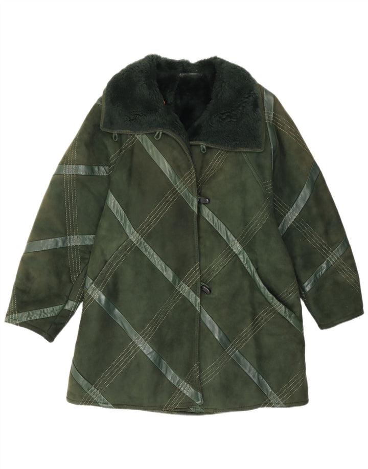 Casaco feminino vintage de shearling UK 14 xadrez verde médio