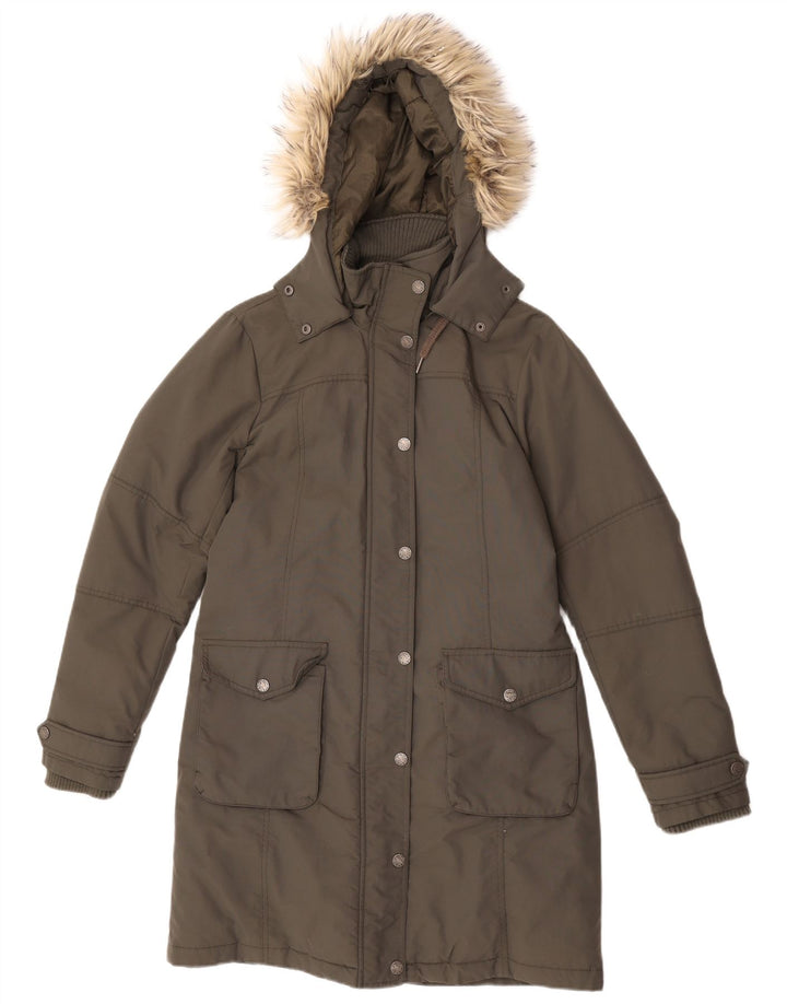 Casaco acolchoado com capuz feminino Fat Face UK 12 nylon cáqui médio