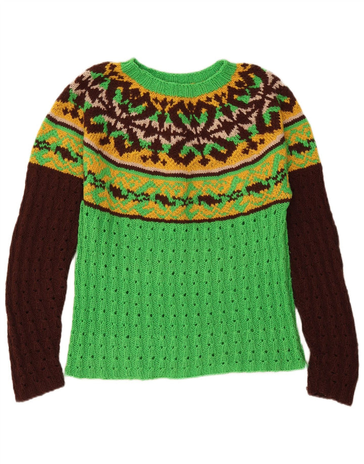Suéter feminino VINTAGE com gola canoa Reino Unido 12 médio verde Fair Isle