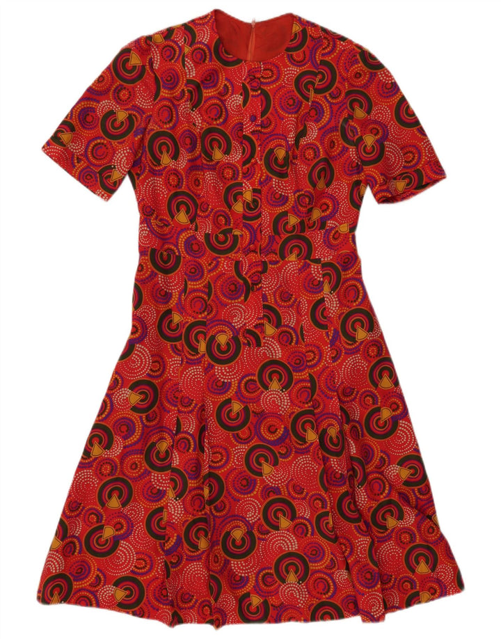 VINTAGE Vestido feminino evasê IT 46 grande vermelho geométrico