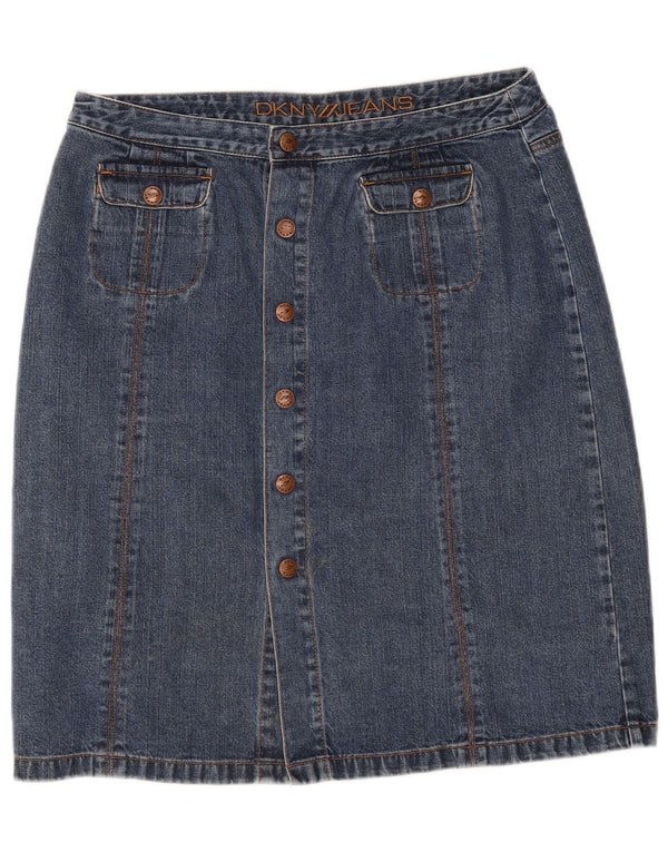 Saia jeans feminina Dkny de cintura alta EUA 10 grande W30 algodão azul